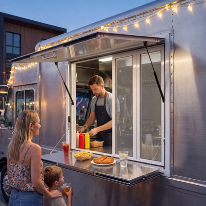 VEVOR Concession Window Folding Shelf 36x36in Aluminum Alloy Service Window, for Food Truck, Up to 85 Degrees, with 4 Sliding Screen Windows, Awning Door and Drag Hook, Rainwater Resistant - FHDGNCK3636IIYD8D001V0 - view 9