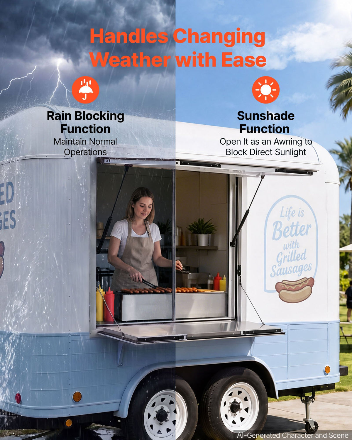VEVOR Concession Window Folding Shelf 36x36in Aluminum Alloy Service Window, for Food Truck, Up to 85 Degrees, with Awning Door and Drag Hook, Rainwater Resistant - FHDGNCK3636IPQDF4001V0 - view 6