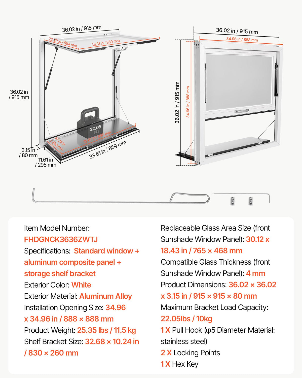 VEVOR Concession Window Folding Shelf 36x36in Aluminum Alloy Service Window, for Food Truck, Up to 85 Degrees, with Awning Door and Drag Hook, Rainwater Resistant - FHDGNCK3636IPQDF4001V0 - view 8