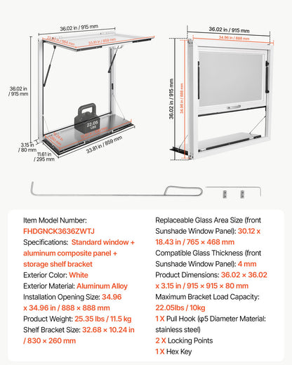 VEVOR Concession Window Folding Shelf 36x36in Aluminum Alloy Service Window, for Food Truck, Up to 85 Degrees, with Awning Door and Drag Hook, Rainwater Resistant - FHDGNCK3636IPQDF4001V0 - view 8