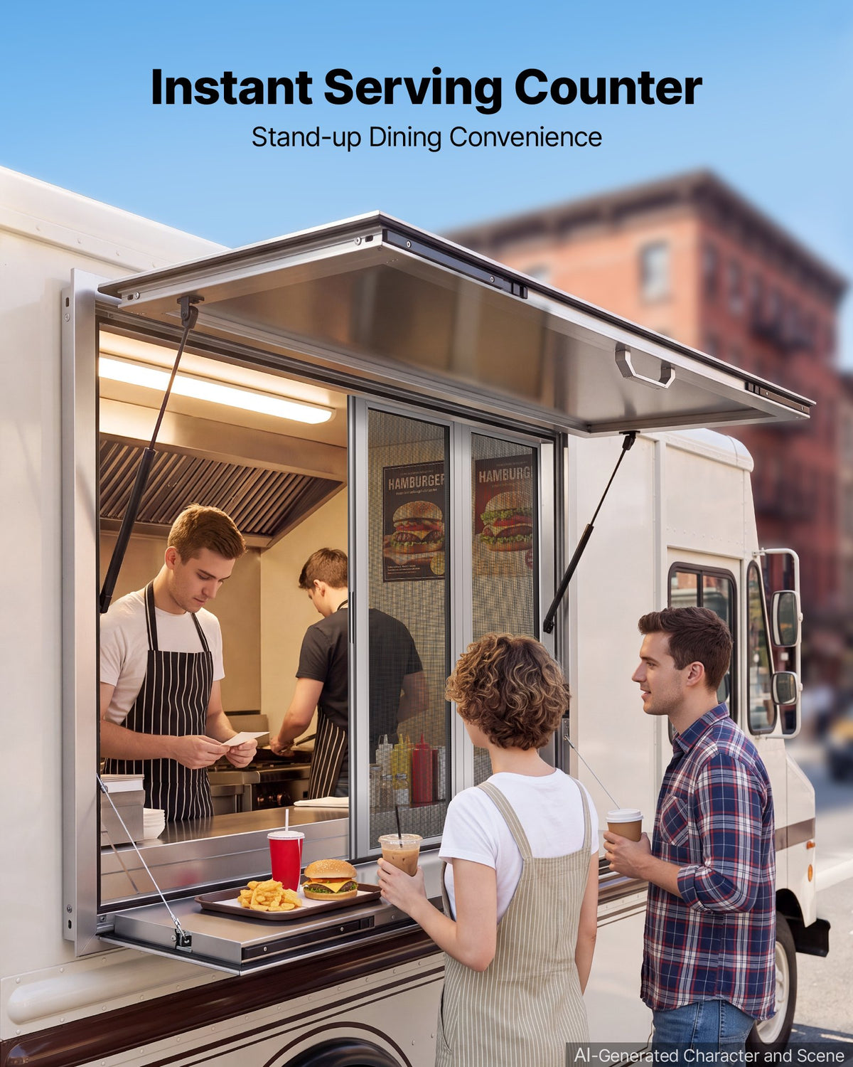 VEVOR Concession Window Folding Shelf 48x36in Aluminum Alloy Service Window, for Food Truck, Up to 85 Degrees, with 4 Sliding Screen Windows, Awning Door and Drag Hook, Rainwater Resistant - FHDGNCK4836NB1XVY001V0 - view 4