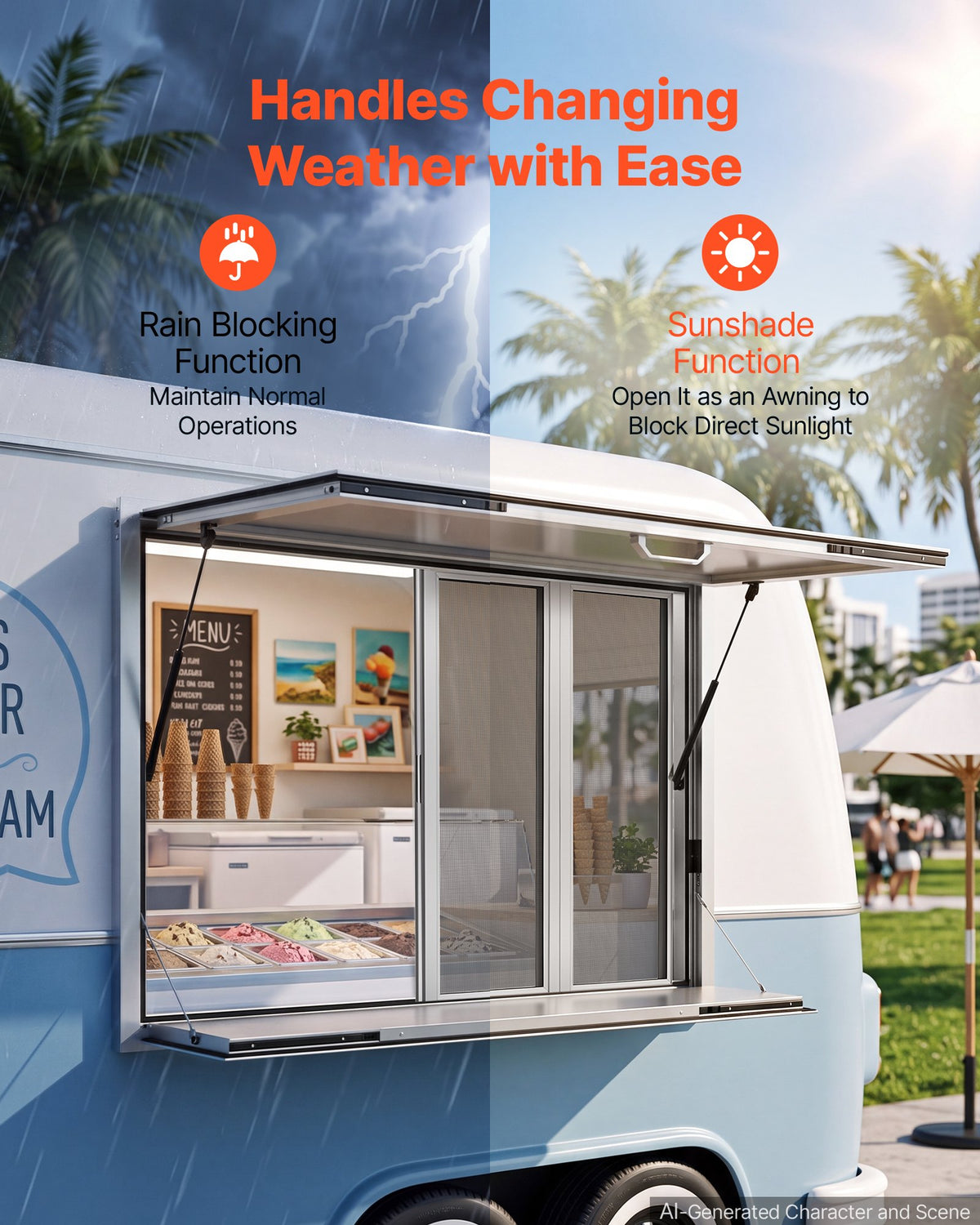 VEVOR Concession Window Folding Shelf 48x36in Aluminum Alloy Service Window, for Food Truck, Up to 85 Degrees, with 4 Sliding Screen Windows, Awning Door and Drag Hook, Rainwater Resistant - FHDGNCK4836NB1XVY001V0 - view 6