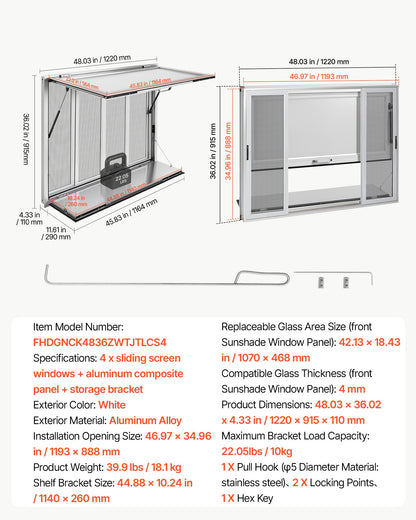 VEVOR Concession Window Folding Shelf 48x36in Aluminum Alloy Service Window, for Food Truck, Up to 85 Degrees, with 4 Sliding Screen Windows, Awning Door and Drag Hook, Rainwater Resistant - FHDGNCK4836NB1XVY001V0 - view 8