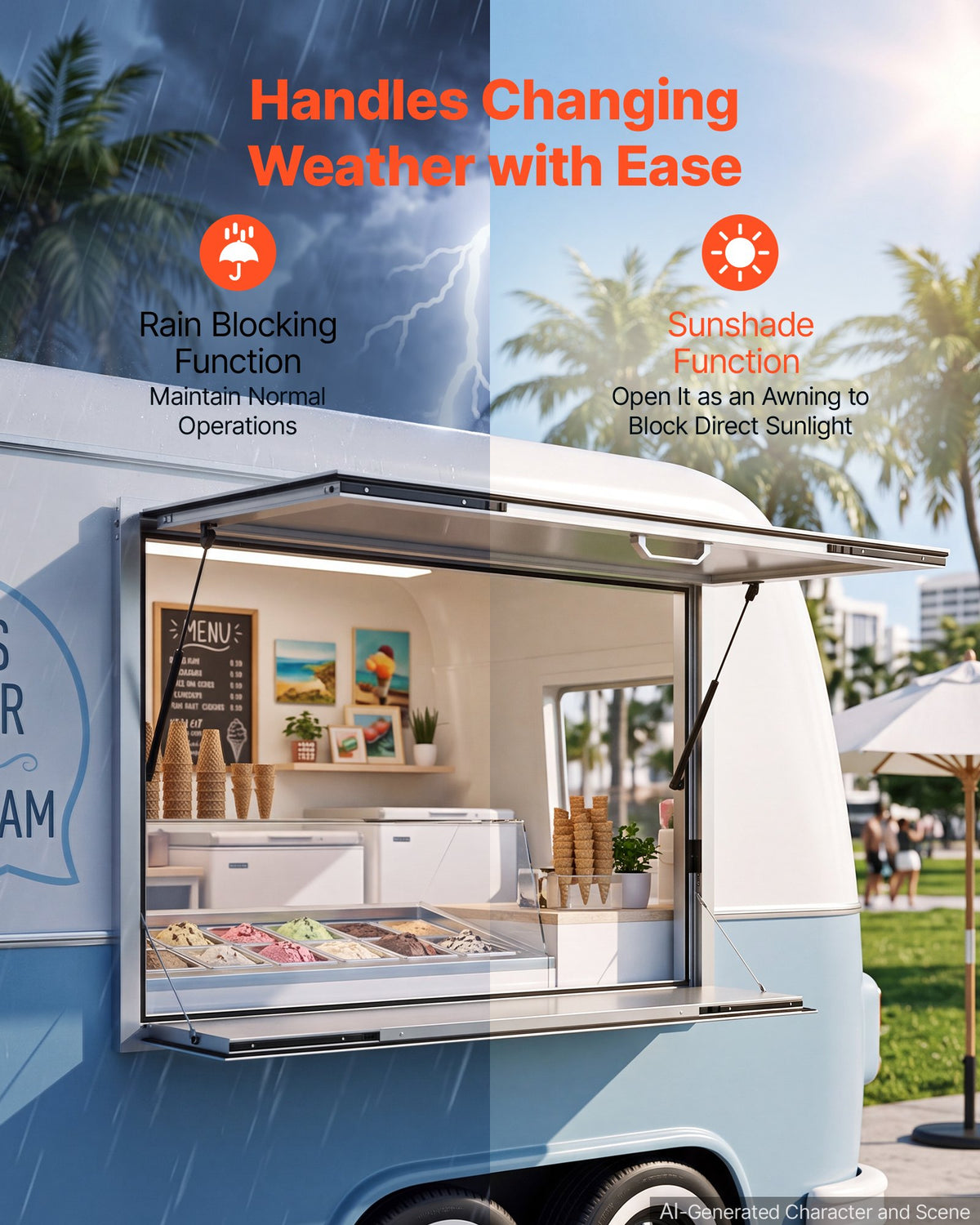 VEVOR Concession Window Folding Shelf 48x36in Aluminum Alloy Service Window, for Food Truck, Up to 85 Degrees, with Awning Door and Drag Hook, Rainwater Resistant - FHDGNCK4836NBJDTA001V0 - view 6