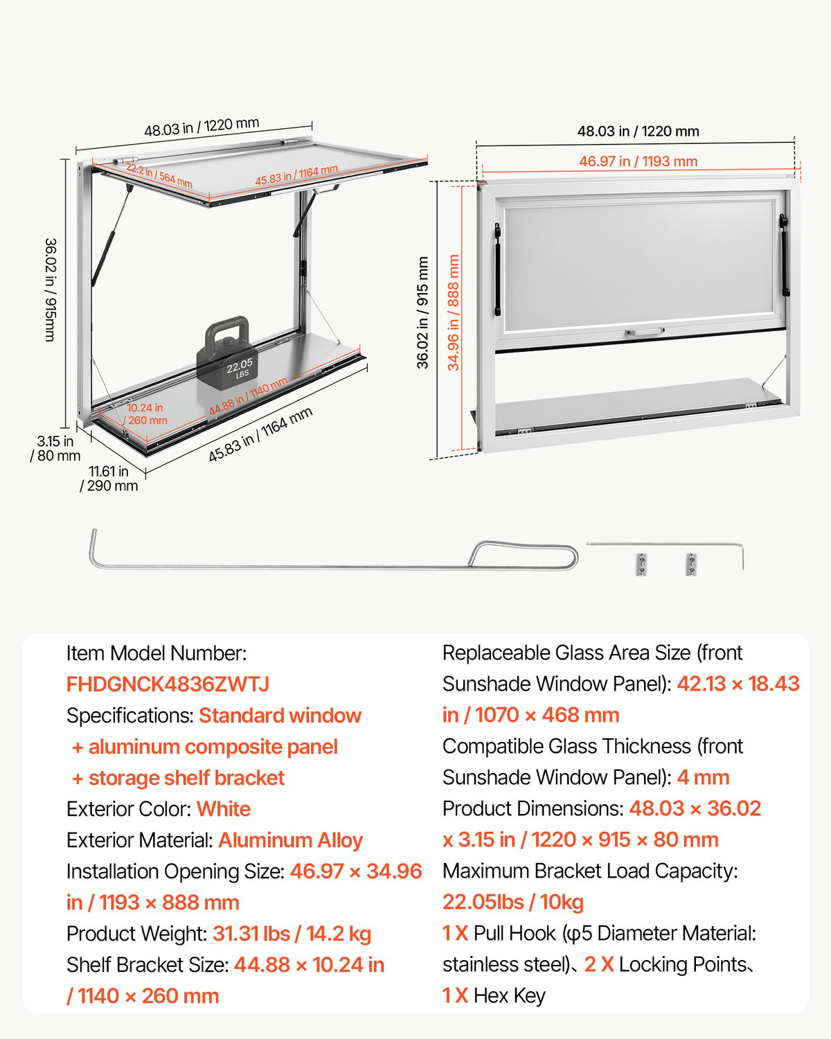 VEVOR Concession Window Folding Shelf 48x36in Aluminum Alloy Service Window, for Food Truck, Up to 85 Degrees, with Awning Door and Drag Hook, Rainwater Resistant - FHDGNCK4836NBJDTA001V0 - view 8