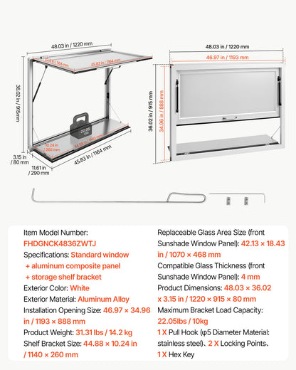 VEVOR Concession Window Folding Shelf 48x36in Aluminum Alloy Service Window, for Food Truck, Up to 85 Degrees, with Awning Door and Drag Hook, Rainwater Resistant - FHDGNCK4836NBJDTA001V0 - view 8