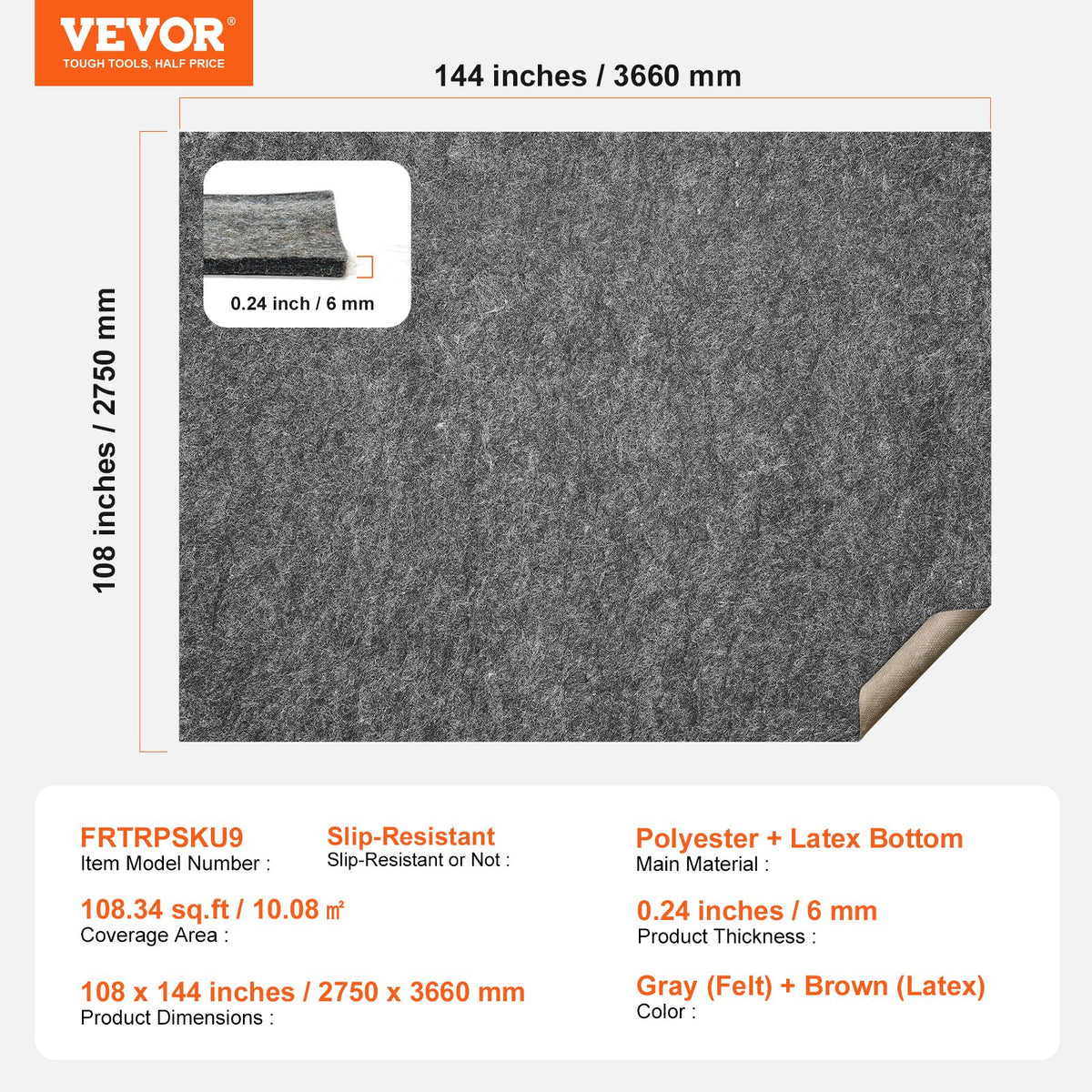 VEVOR - Slip-Resistant Rug Pad - Protective Cushioning Carpet Pad - 9' x 12' - 1/4"Thick - Dual Surface - Polyester Felt + Latex - Gray - 10-11㎡ Area Carpet Padding Rug Cushion Safe for All Floors - FHDTDBFHWFHQ11GE2V0 - view 8