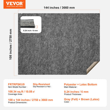 VEVOR - Slip-Resistant Rug Pad - Protective Cushioning Carpet Pad - 9' x 12' - 1/4"Thick - Dual Surface - Polyester Felt + Latex - Gray - 10-11㎡ Area Carpet Padding Rug Cushion Safe for All Floors - FHDTDBFHWFHQ11GE2V0 - view 8