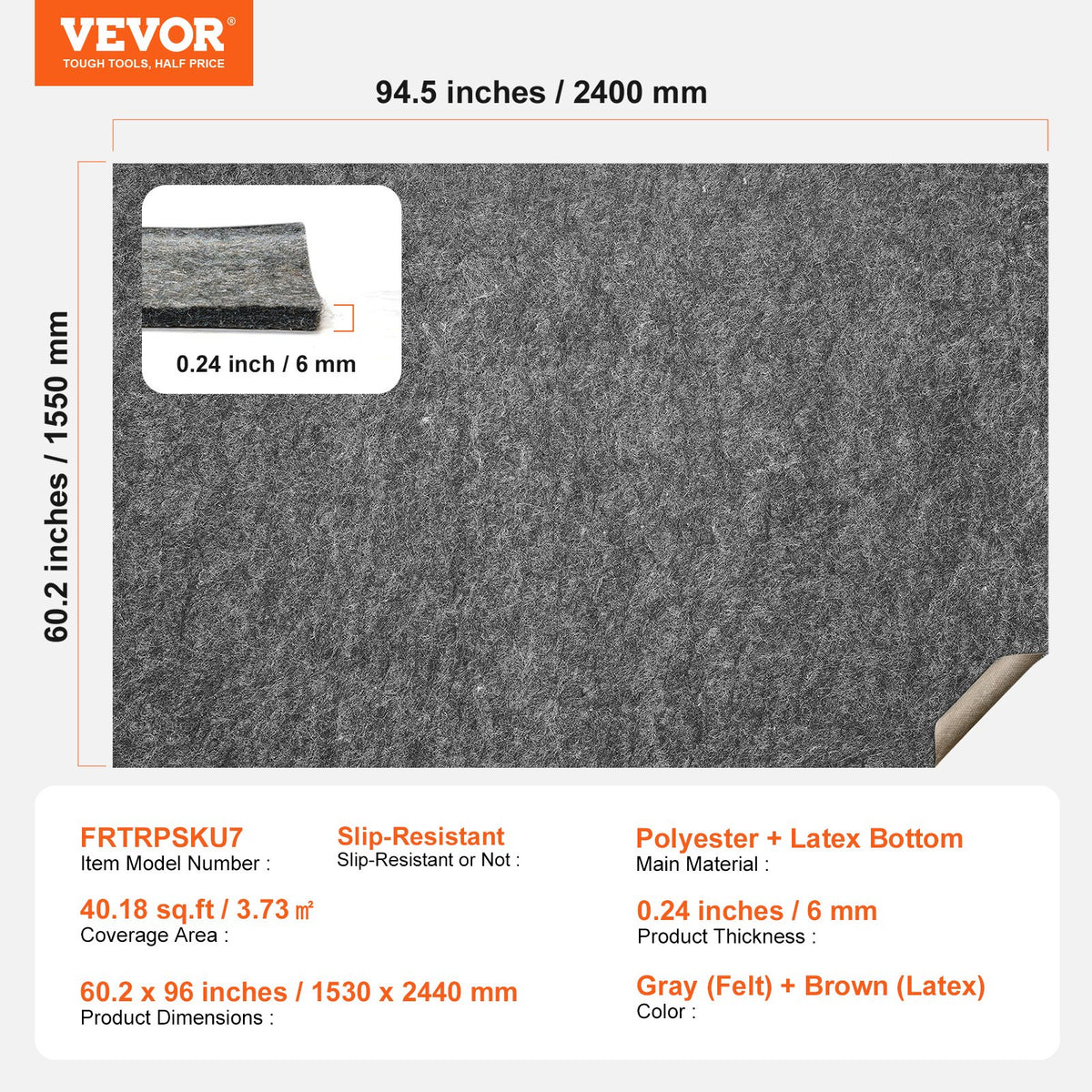 VEVOR - Slip-Resistant Rug Pad - Protective Cushioning Carpet Pad - 5' x 8' - 1/4"Thick - Dual Surface - Polyester Felt + Latex - Gray - 3-4㎡ Area Carpet Padding Rug Cushion Safe for All Floors - FHDTDBFHWFHQD2XKRV0 - view 8