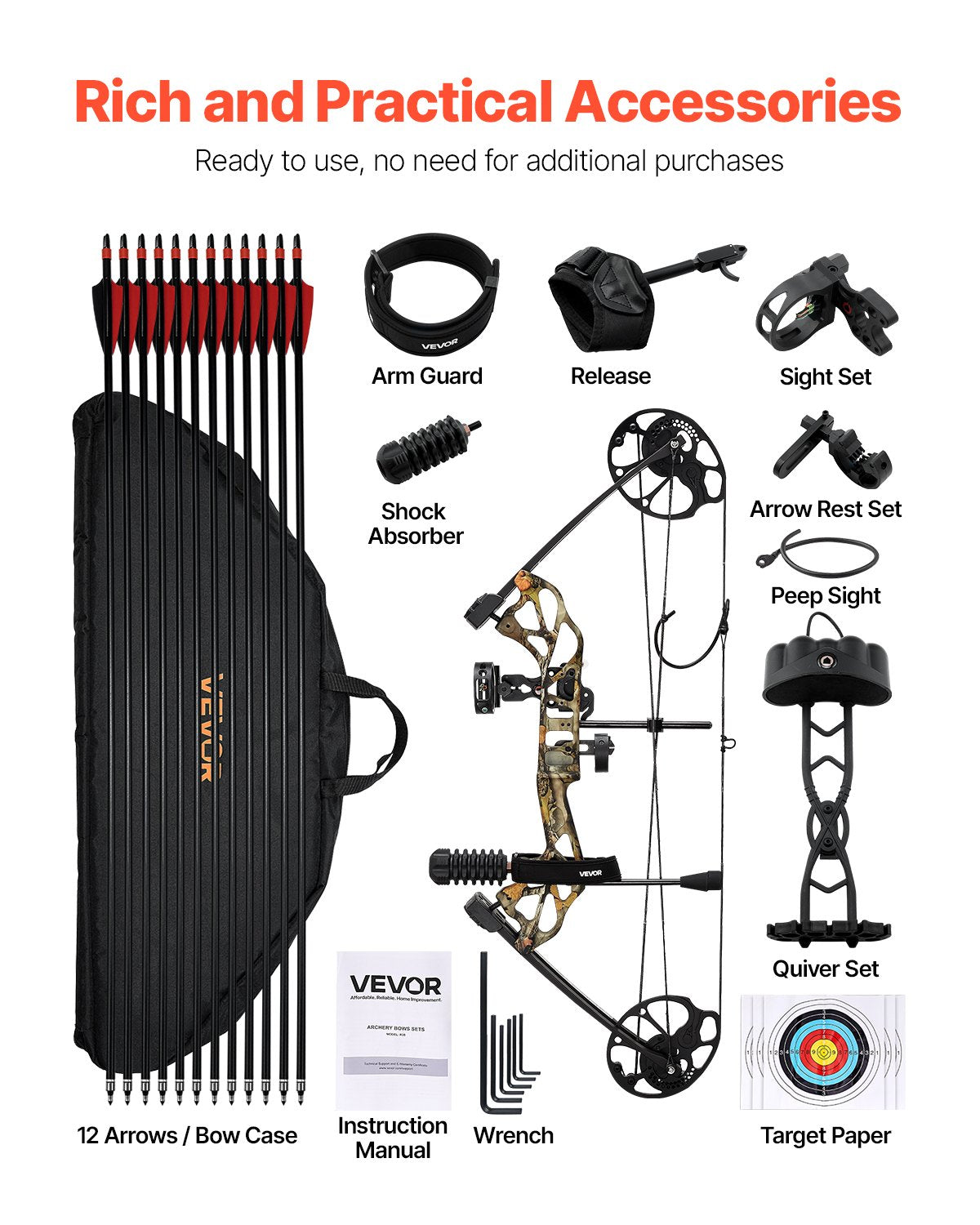 VEVOR Compound Bow Archery, Adjustable 19-30 in Draw Length Compound Bow Package for Beginner, 19-70 Lbs Draw Weight Archery Bows and Arrow Set, Right Hand Kit with Hunting Equipment, 320 fps - FHGMCYS28YC7IF37J001V0 - view 4