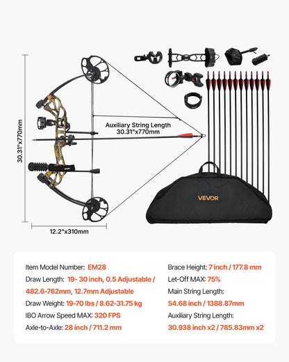 VEVOR Compound Bow Archery, Adjustable 19-30 in Draw Length Compound Bow Package for Beginner, 19-70 Lbs Draw Weight Archery Bows and Arrow Set, Right Hand Kit with Hunting Equipment, 320 fps - FHGMCYS28YC7IF37J001V0 - view 8
