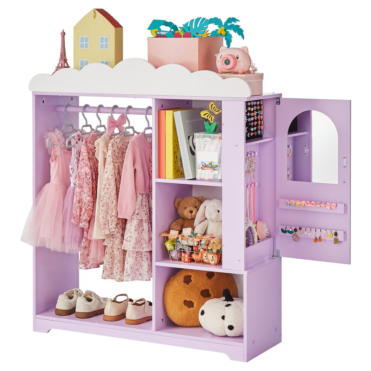 VEVOR Kids Dress Up Storage, with Jewelry Cabinet, Dress Up Closet with Mirror and Shelves, Princess Costumes Wardrobe Closet, Toddler Costume Organizer Armoire, for Bedroom, Kids Room, Girls, Purple - FHKETZBGYCMDDMW8F001V0 - view 1