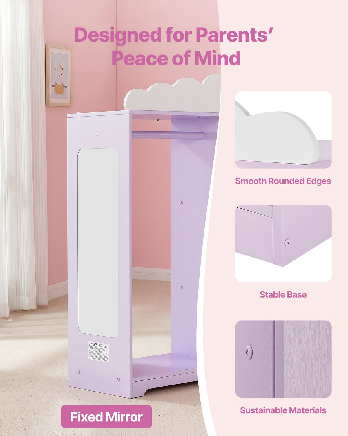 VEVOR Kids Dress Up Storage, with Jewelry Cabinet, Dress Up Closet with Mirror and Shelves, Princess Costumes Wardrobe Closet, Toddler Costume Organizer Armoire, for Bedroom, Kids Room, Girls, Purple - FHKETZBGYCMDDMW8F001V0 - view 7