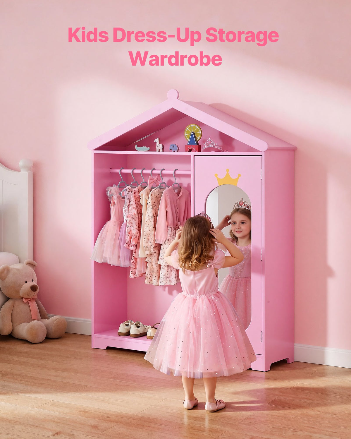 VEVOR Kids Dress Up Storage, with Mirror, Dress Up Closet, Kids Armoire Wardrobe Closet for Little Girls, Toddler Costume Organizer, Pretend Princess Storage Dresser, for Bedroom, Girls Room, Pink - FHKETZBGYCMDZEMR2001V0 - view 3