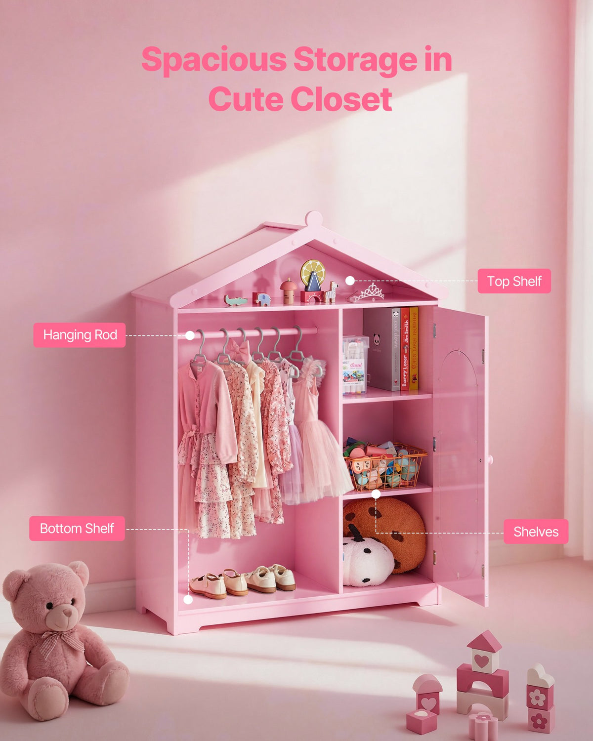 VEVOR Kids Dress Up Storage, with Mirror, Dress Up Closet, Kids Armoire Wardrobe Closet for Little Girls, Toddler Costume Organizer, Pretend Princess Storage Dresser, for Bedroom, Girls Room, Pink - FHKETZBGYCMDZEMR2001V0 - view 4