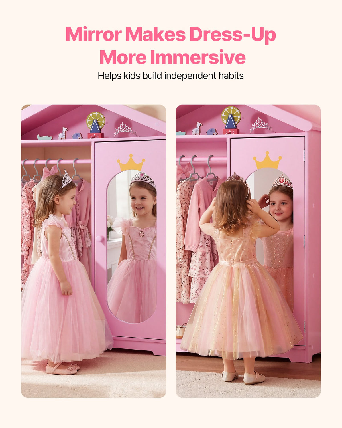 VEVOR Kids Dress Up Storage, with Mirror, Dress Up Closet, Kids Armoire Wardrobe Closet for Little Girls, Toddler Costume Organizer, Pretend Princess Storage Dresser, for Bedroom, Girls Room, Pink - FHKETZBGYCMDZEMR2001V0 - view 6