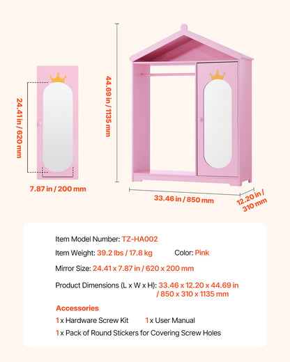 VEVOR Kids Dress Up Storage, with Mirror, Dress Up Closet, Kids Armoire Wardrobe Closet for Little Girls, Toddler Costume Organizer, Pretend Princess Storage Dresser, for Bedroom, Girls Room, Pink - FHKETZBGYCMDZEMR2001V0 - view 8