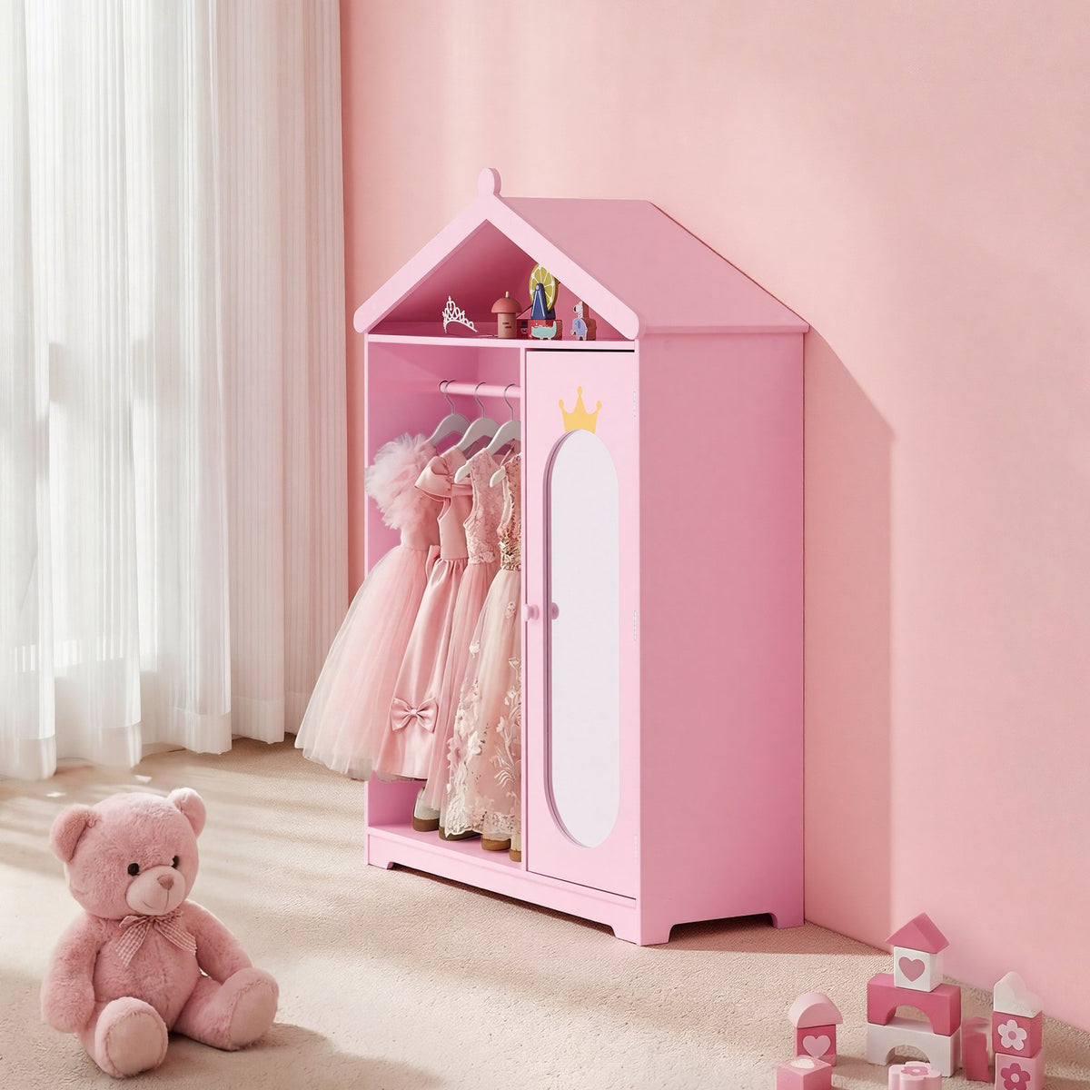 VEVOR Kids Dress Up Storage, with Mirror, Dress Up Closet, Kids Armoire Wardrobe Closet for Little Girls, Toddler Costume Organizer, Pretend Princess Storage Dresser, for Bedroom, Girls Room, Pink - FHKETZBGYCMDZEMR2001V0 - view 9
