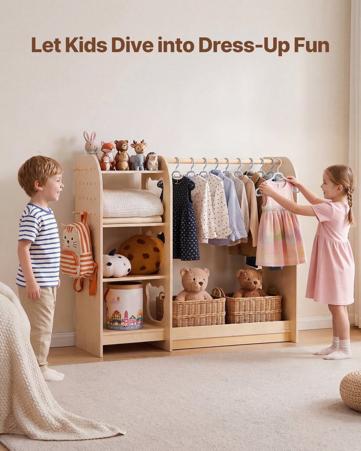 VEVOR Kids Dress Up Storage, with Mirror, Wooden Kids Dress Up Rack, Toddler Wardrobe Closet for Little Girls, Storage Armoire, Costume Organizer, Children Playroom Furniture, for Bedroom, Natural - FHKETZBGYCSMAXVTA001V0 - view 3
