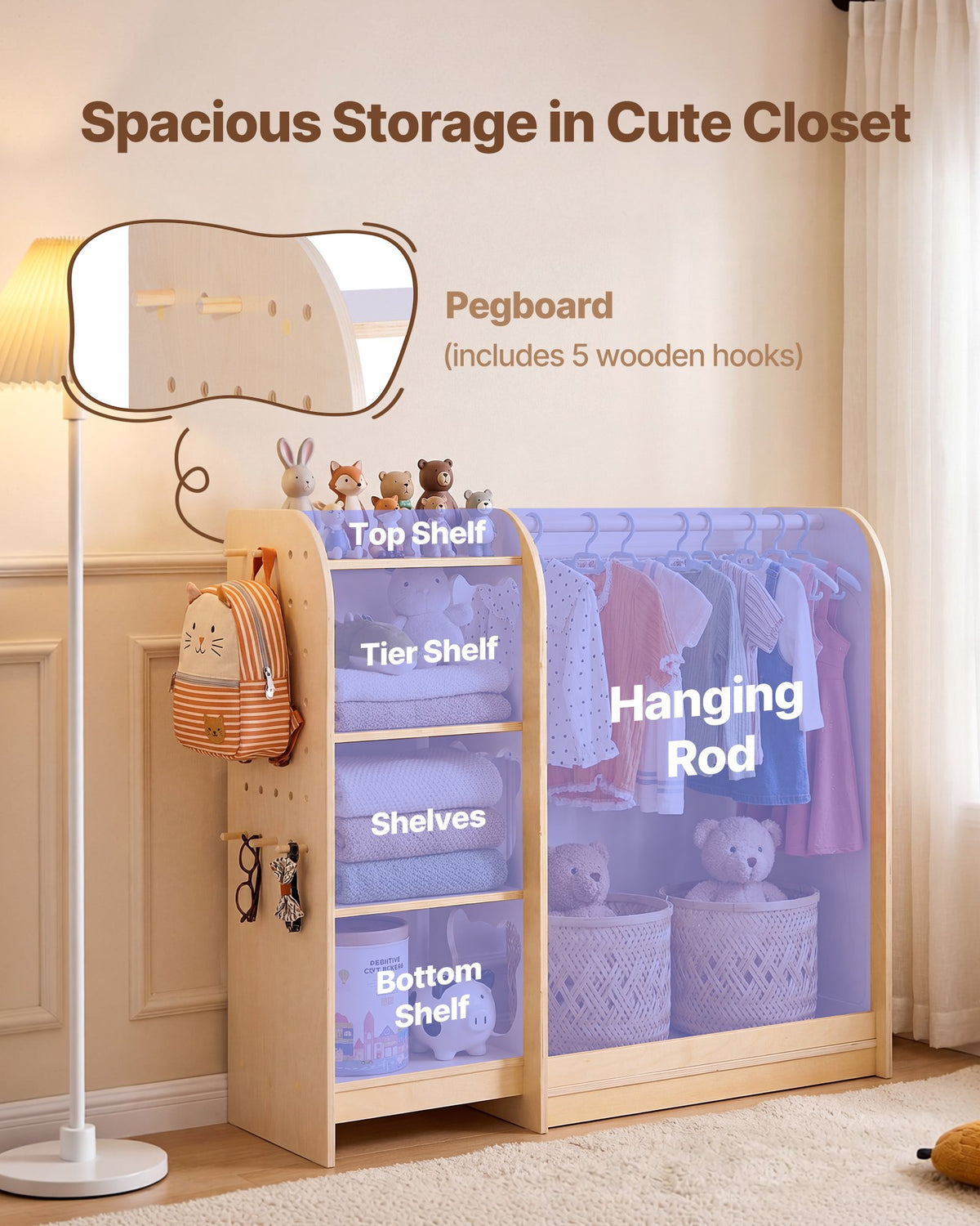VEVOR Kids Dress Up Storage, with Mirror, Wooden Kids Dress Up Rack, Toddler Wardrobe Closet for Little Girls, Storage Armoire, Costume Organizer, Children Playroom Furniture, for Bedroom, Natural - FHKETZBGYCSMAXVTA001V0 - view 4