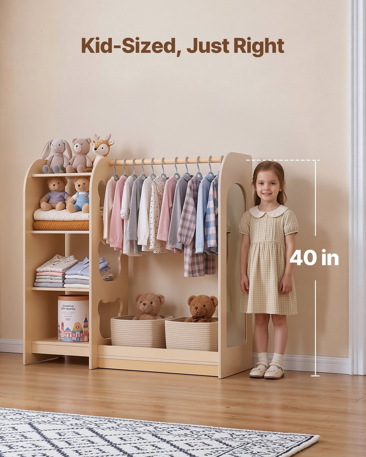 VEVOR Kids Dress Up Storage, with Mirror, Wooden Kids Dress Up Rack, Toddler Wardrobe Closet for Little Girls, Storage Armoire, Costume Organizer, Children Playroom Furniture, for Bedroom, Natural - FHKETZBGYCSMAXVTA001V0 - view 5