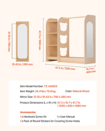 VEVOR Kids Dress Up Storage, with Mirror, Wooden Kids Dress Up Rack, Toddler Wardrobe Closet for Little Girls, Storage Armoire, Costume Organizer, Children Playroom Furniture, for Bedroom, Natural - FHKETZBGYCSMAXVTA001V0 - view 8