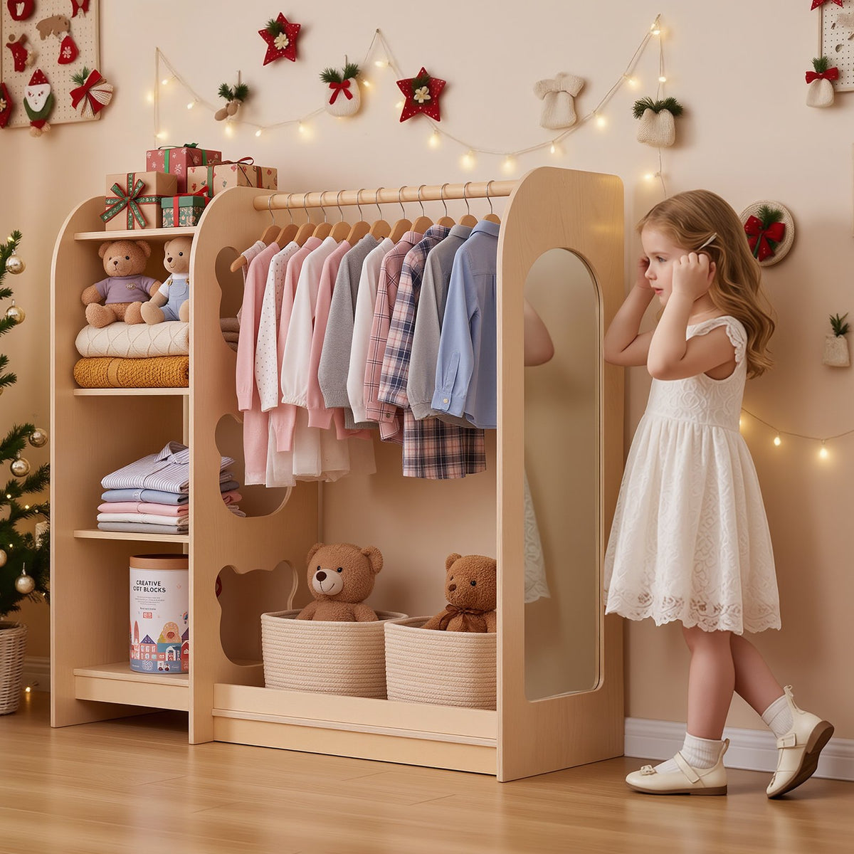 VEVOR Kids Dress Up Storage, with Mirror, Wooden Kids Dress Up Rack, Toddler Wardrobe Closet for Little Girls, Storage Armoire, Costume Organizer, Children Playroom Furniture, for Bedroom, Natural - FHKETZBGYCSMAXVTA001V0 - view 9