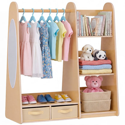 VEVOR Kids Dress Up Storage, with Mirror, Dress Up Closet, Toddler Wardrobe Closet for Little Girls, Armoire with Shelves & Bottom Tray, Costume Organizer, Toddler Room Furniture, for Bedroom, Natural - FHKETZBGYCSMTA2G1001V0 - view 1