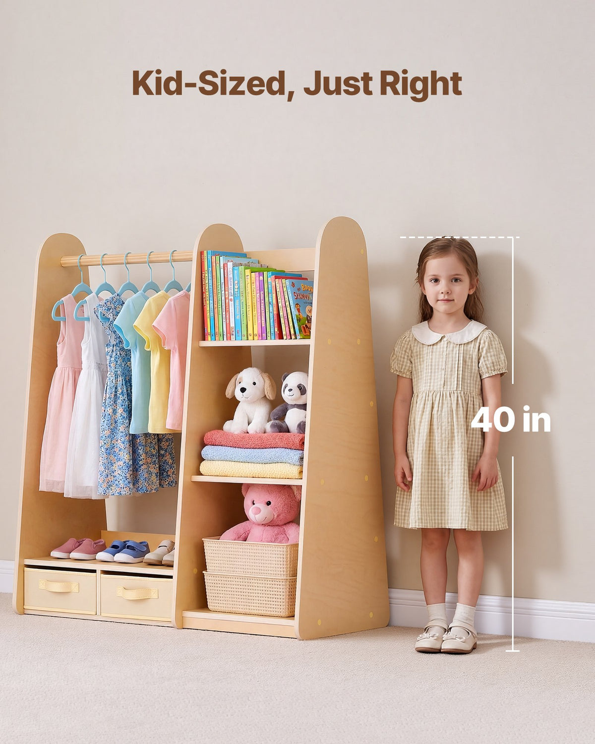 VEVOR Kids Dress Up Storage, with Mirror, Dress Up Closet, Toddler Wardrobe Closet for Little Girls, Armoire with Shelves & Bottom Tray, Costume Organizer, Toddler Room Furniture, for Bedroom, Natural - FHKETZBGYCSMTA2G1001V0 - view 5