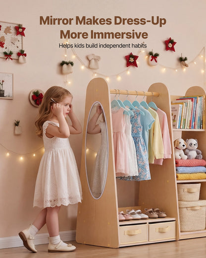 VEVOR Kids Dress Up Storage, with Mirror, Dress Up Closet, Toddler Wardrobe Closet for Little Girls, Armoire with Shelves & Bottom Tray, Costume Organizer, Toddler Room Furniture, for Bedroom, Natural - FHKETZBGYCSMTA2G1001V0 - view 6