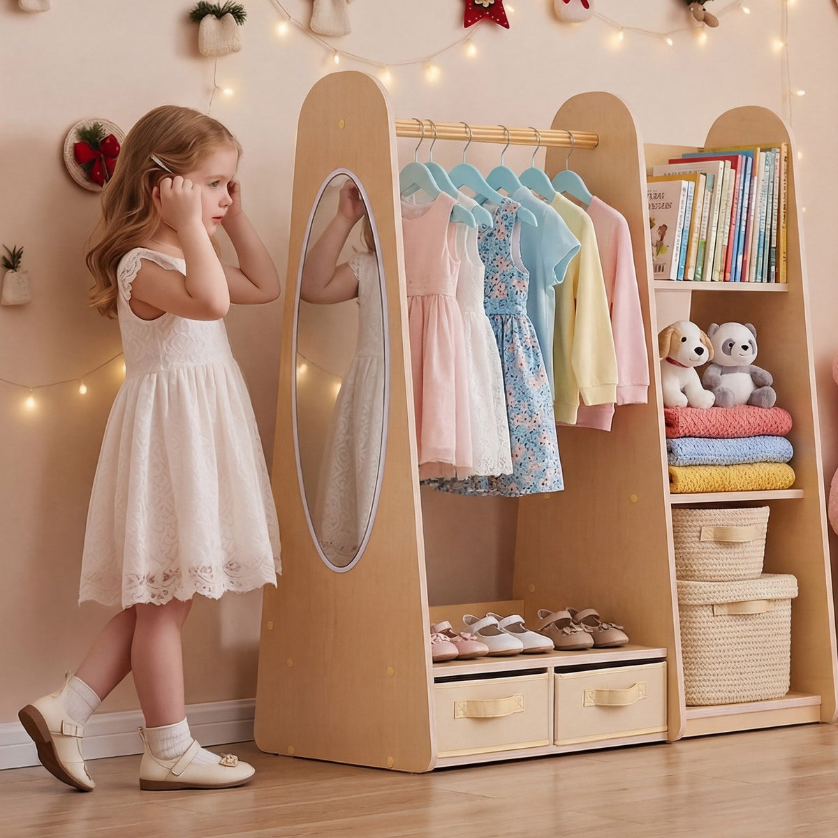 VEVOR Kids Dress Up Storage, with Mirror, Dress Up Closet, Toddler Wardrobe Closet for Little Girls, Armoire with Shelves & Bottom Tray, Costume Organizer, Toddler Room Furniture, for Bedroom, Natural - FHKETZBGYCSMTA2G1001V0 - view 9