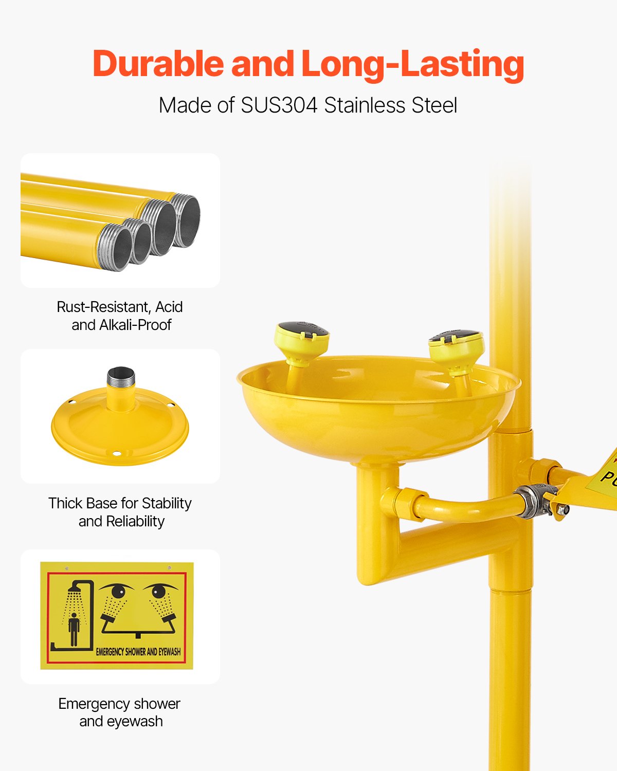 VEVOR Emergency Shower Eye Wash Station, 34.25 x 15.75 x 91.73 Inch 304 Stainless Steel Eyewash and Shower Combination, OSHA-Approved First Aid Eye Wash Station, for Schools, Labs, Factories, Yellow - FHSXYQ20241JUBKCE001V0 - view 4