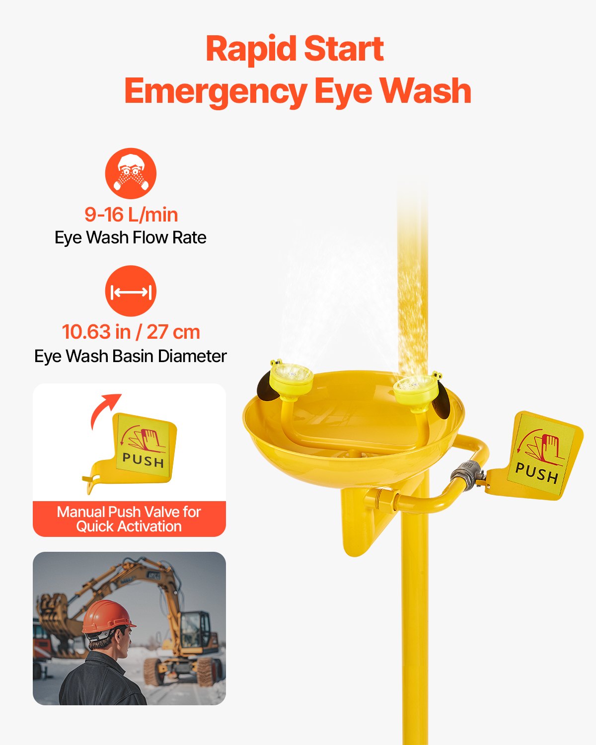 VEVOR Emergency Shower Eye Wash Station, 34.25 x 15.75 x 91.73 Inch 304 Stainless Steel Eyewash and Shower Combination, OSHA-Approved First Aid Eye Wash Station, for Schools, Labs, Factories, Yellow - FHSXYQ20241JUBKCE001V0 - view 6