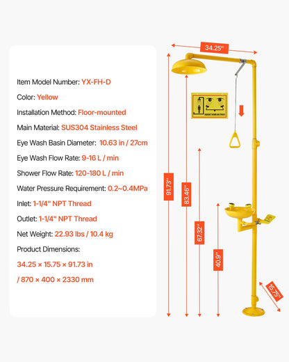 VEVOR Emergency Shower Eye Wash Station, 34.25 x 15.75 x 91.73 Inch 304 Stainless Steel Eyewash and Shower Combination, OSHA-Approved First Aid Eye Wash Station, for Schools, Labs, Factories, Yellow - FHSXYQ20241JUBKCE001V0 - view 8