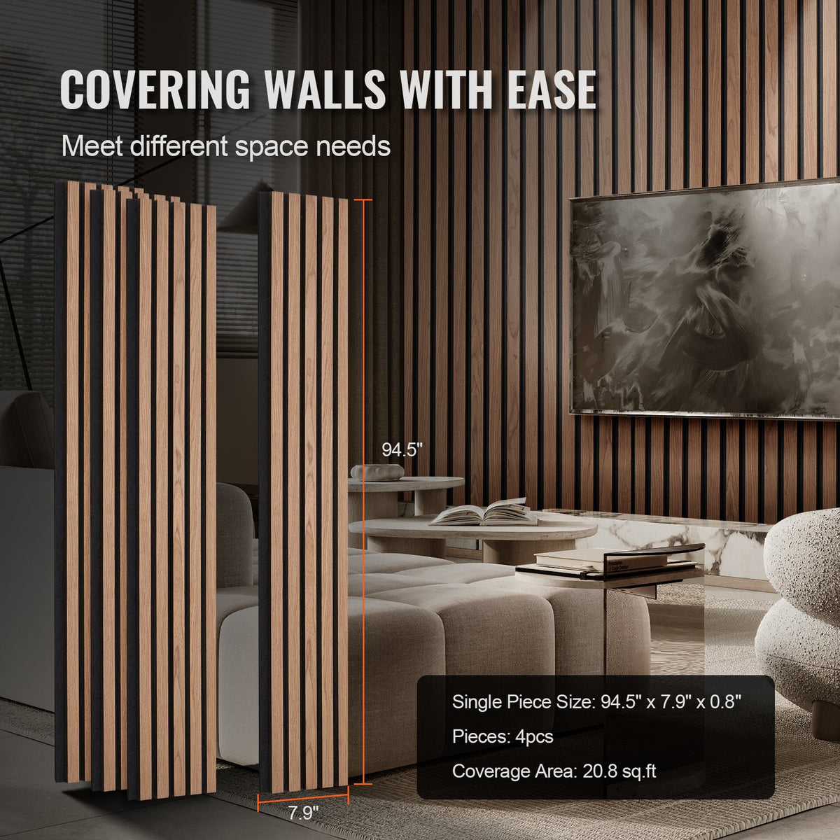 VEVOR Wood Slat Acoustic Panels, 7.9 x 94.5 inch, MDF Accent Wooden Wall Panels for Modern Interior Wall, Faux Wood Wall Board Panels for Stylish Decor and Noise Reduction, Walnut - FHXWBTQBHTMLXCA3KV0 - view 7
