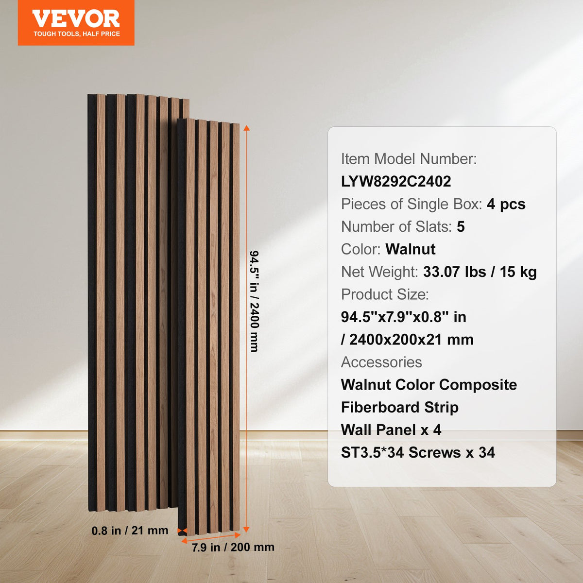 VEVOR Wood Slat Acoustic Panels, 7.9 x 94.5 inch, MDF Accent Wooden Wall Panels for Modern Interior Wall, Faux Wood Wall Board Panels for Stylish Decor and Noise Reduction, Walnut - FHXWBTQBHTMLXCA3KV0 - view 8