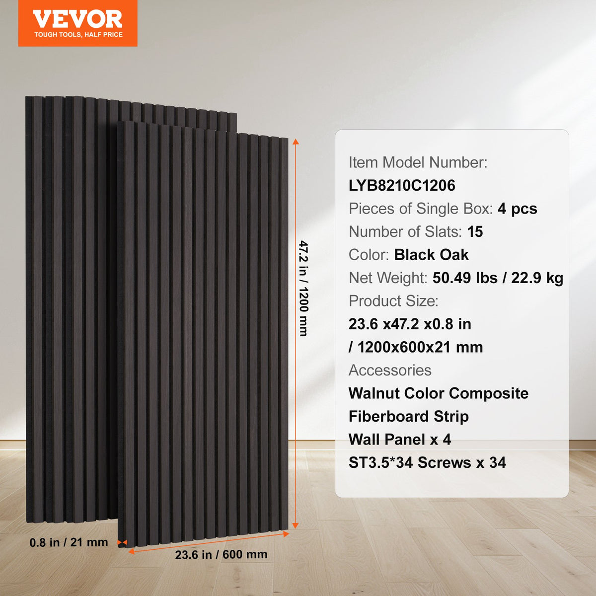 VEVOR Wood Slat Acoustic Panels, 23.6 x 47.2 inch, MDF Accent Wooden Wall Panels for Modern Interior Wall Decor, Faux Wood Wall Board Panels for Noise Reduction, Black Oak - FHXWBTQBHXML4QH6IV0 - view 8