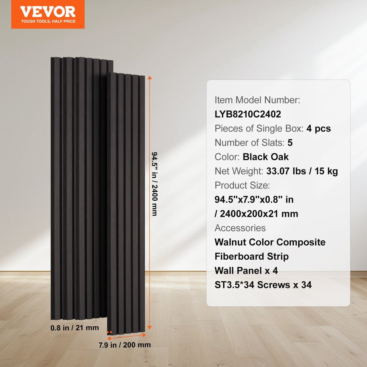 VEVOR Wood Slat Acoustic Panels, 7.9 x 94.5 inch, MDF Accent Wooden Wall Panels for Modern Interior Wall Decor, Faux Wood Wall Board Panels for Noise Reduction, Black Oak - FHXWBTQBHXMLTGWBMV0 - view 8