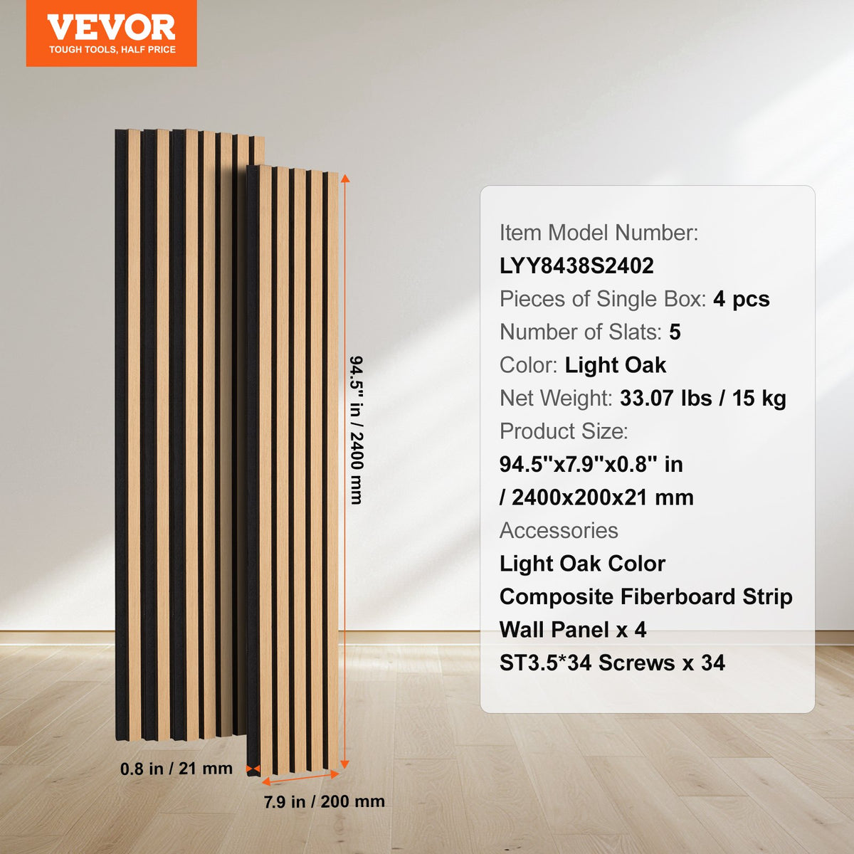 VEVOR Wood Slat Acoustic Panels, 7.9 x 94.5 inch, MDF Accent Wooden Wall Panels for Modern Interior Wall Decor, Faux Wood Wall Board Panels for Noise Reduction, Light Oak - FHXWBTQBQXMLJP625V0 - view 8
