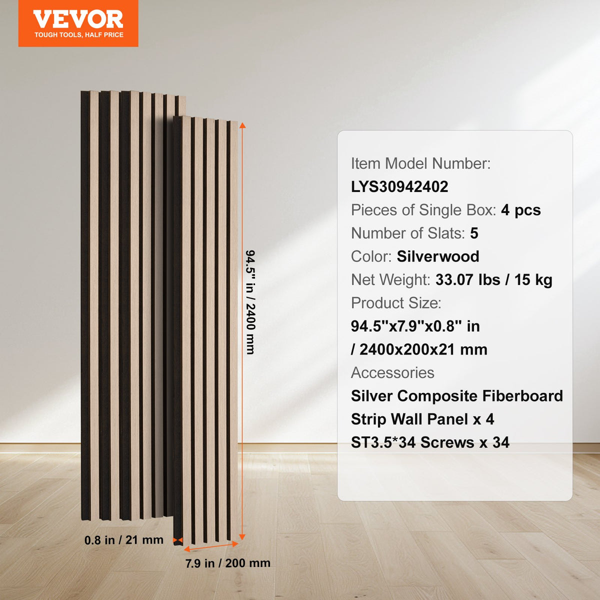 VEVOR Wood Slat Acoustic Panels, 7.9 x 94.5 inch, MDF Accent Wooden Wall Panels for Modern Interior Wall Decor, Faux Wood Wall Board Panels for Noise Reduction, Silver Wood - FHXWBTQBYML7LX06FV0 - view 8