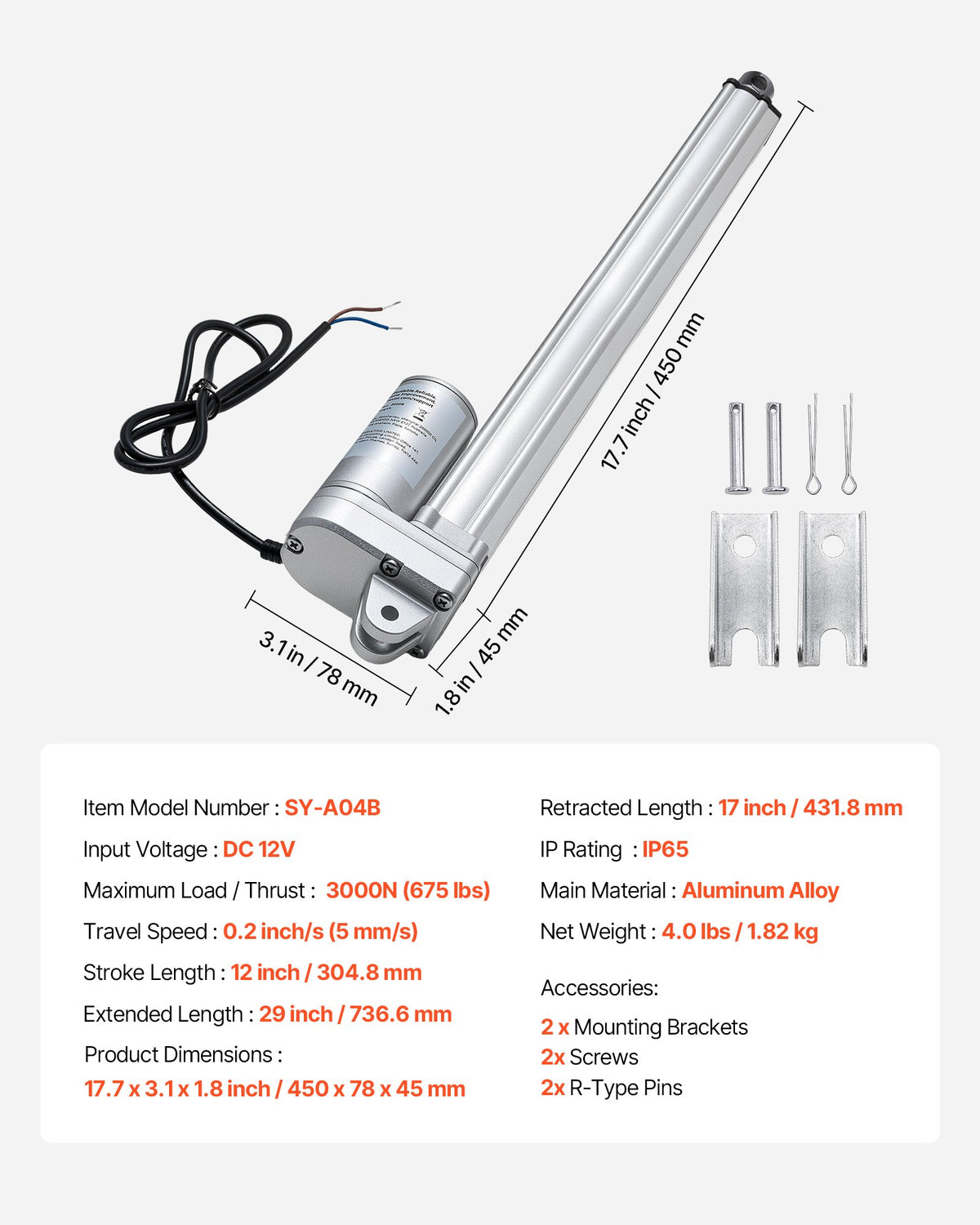 VEVOR 12V Linear Actuator, 12 Inch IP65 Waterproof Linear Actuator, 675lbs/3000N 0.2"/s Motion Actuators with Mounting Bracket for Outdoor Use - FHXXXZXQ12INHKP03001V9 - view 8