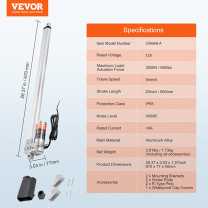 VEVOR Linear Actuator 12V, 20 Inch Waterproof IP65 Linear Actuator, 660lbs/3000N 0.19"/s Linear Motion Actuator with Mounting Bracket for Outdoor Use - FHXXXZXQ20IN3WV1GV9 - view 8