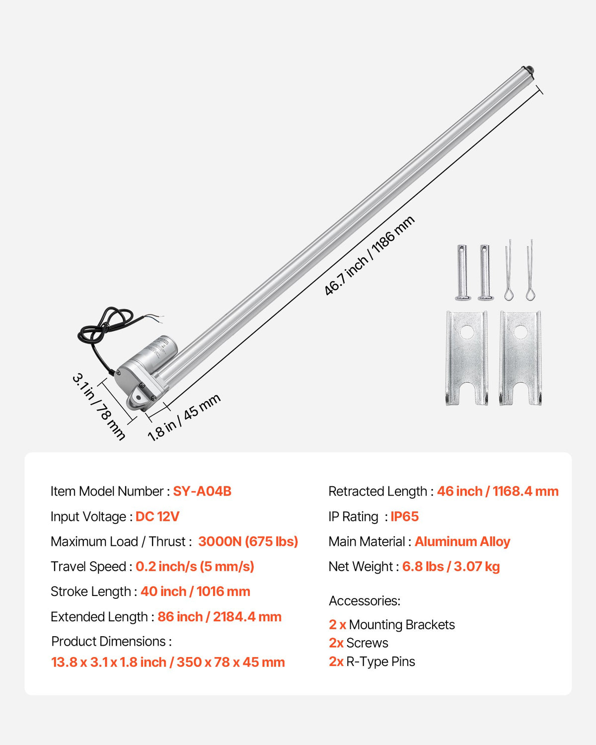 VEVOR 12V Linear Actuator, 40 Inch IP65 Waterproof Linear Actuator, 675lbs/3000N 0.2"/s Motion Actuators with Mounting Bracket for Outdoor Use - FHXXXZXQ40INT7SVN001V9 - view 8