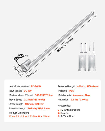 VEVOR 12V Linear Actuator, 40 Inch IP65 Waterproof Linear Actuator, 675lbs/3000N 0.2"/s Motion Actuators with Mounting Bracket for Outdoor Use - FHXXXZXQ40INT7SVN001V9 - view 8