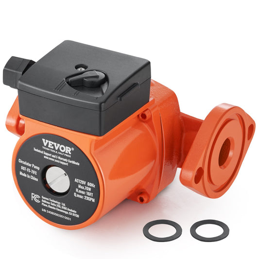 VEVOR 007-F5-7IFC Hot Water Recirculating Pump, 110V, 70W 23 GPM Hot Water Circulation Pump, 1" NPT Flange 3-Speed Circulator Pump