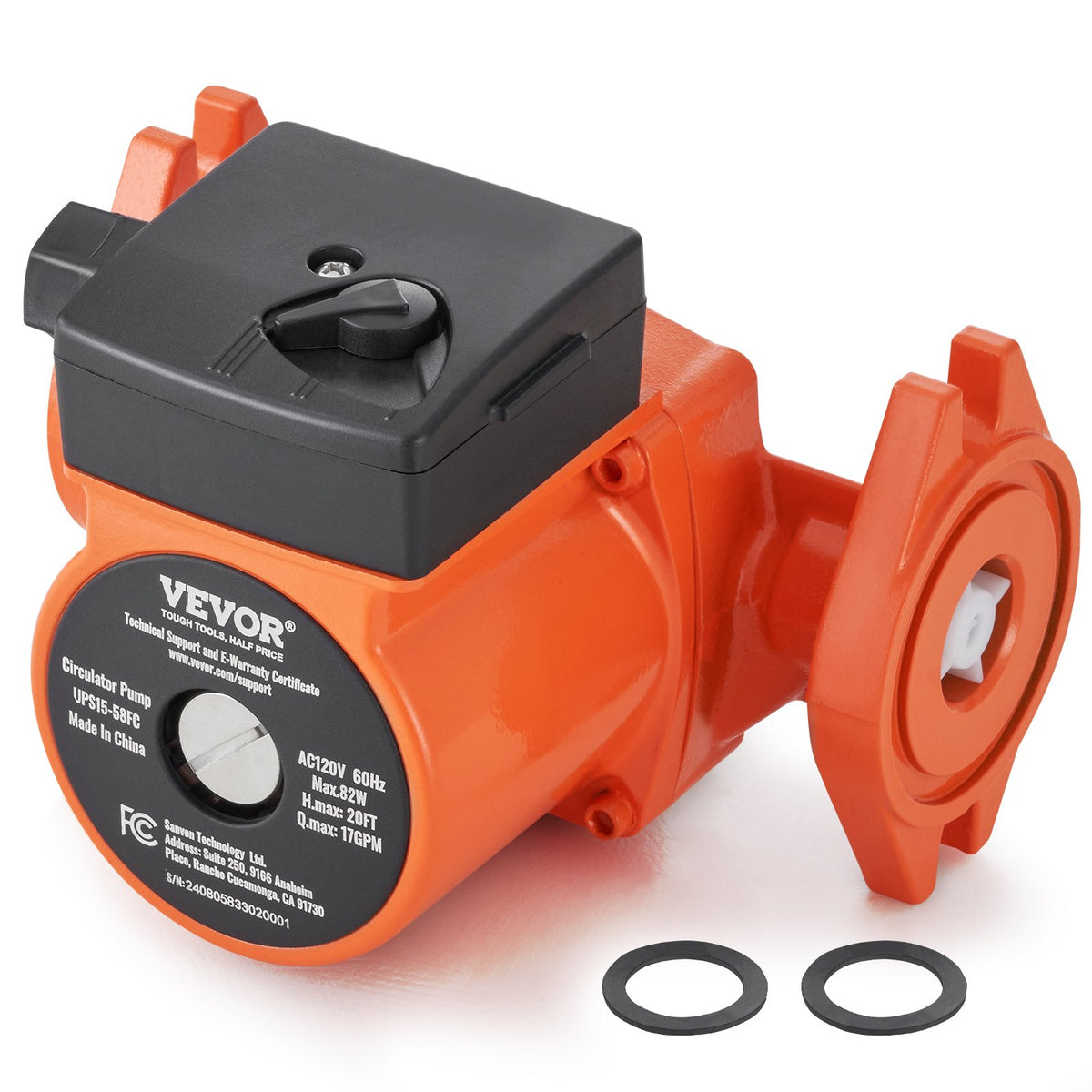VEVOR UPS15-58FC Hot Water Recirculating Pump, 110V, 82W 17 GPM Hot Water Circulation Pump, 1" NPT Flange 3-Speed Circulator Pump
