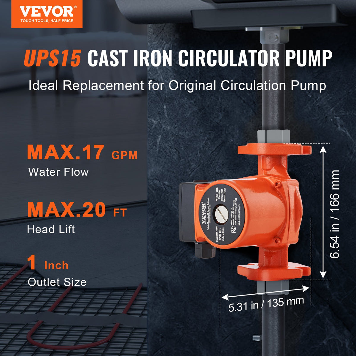 VEVOR UPS15-58FC Hot Water Recirculating Pump, 110V, 82W 17 GPM Hot Water Circulation Pump, 1" NPT Flange 3-Speed Circulator Pump