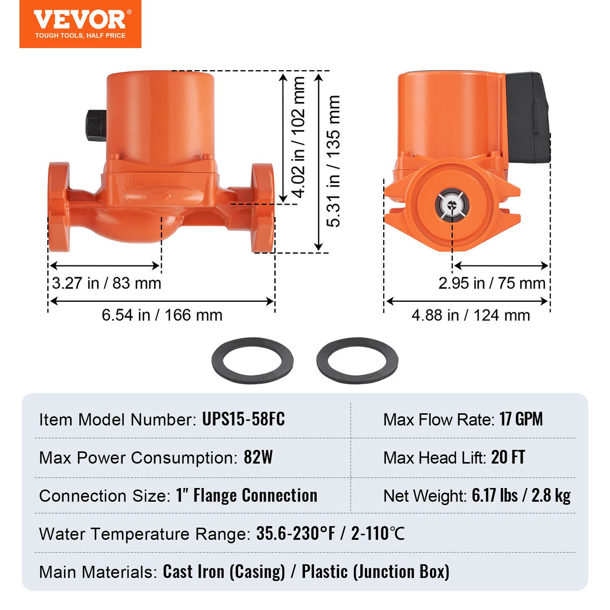 VEVOR UPS15-58FC Hot Water Recirculating Pump, 110V, 82W 17 GPM Hot Water Circulation Pump, 1" NPT Flange 3-Speed Circulator Pump