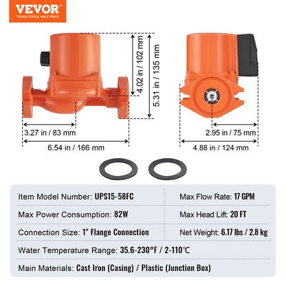 VEVOR UPS15-58FC Hot Water Recirculating Pump, 110V, 82W 17 GPM Hot Water Circulation Pump, 1" NPT Flange 3-Speed Circulator Pump
