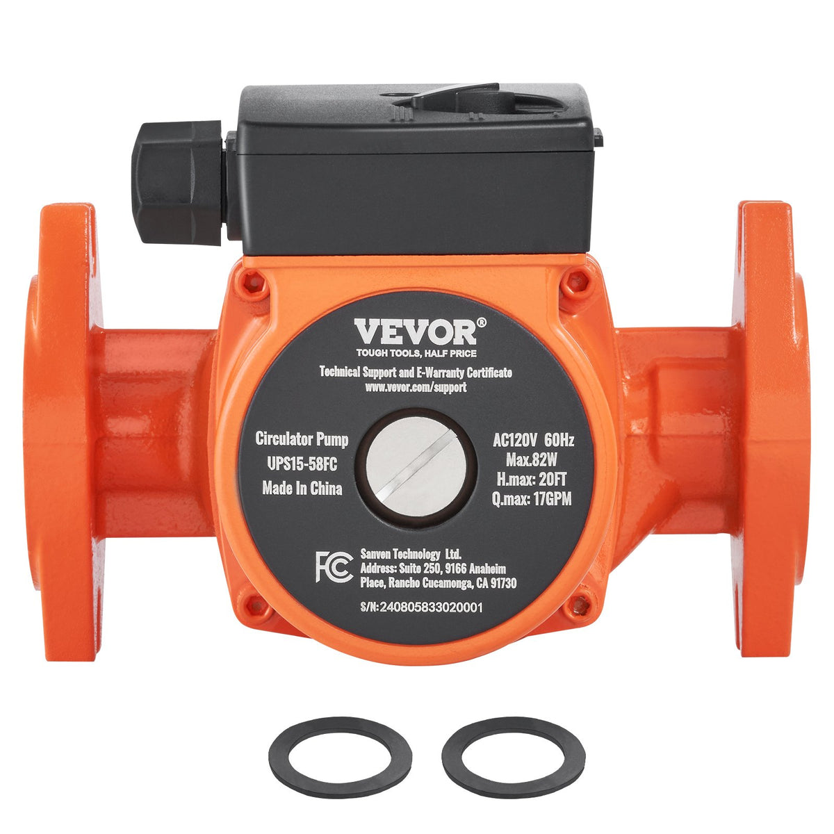 VEVOR UPS15-58FC Hot Water Recirculating Pump, 110V, 82W 17 GPM Hot Water Circulation Pump, 1" NPT Flange 3-Speed Circulator Pump